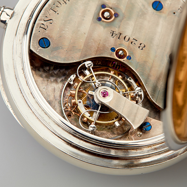 Silberne Herrentaschenuhr mit Tourbillon, A. Lange & Söhne, 1935, Blick auf das Tourbillon